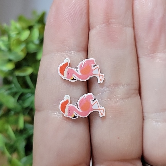Holiday Flamingo Stud Earrings - Picture 1 of 5